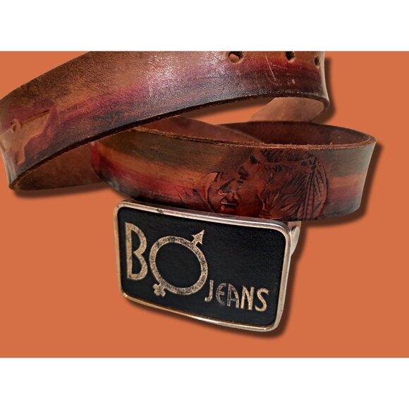 Vintage 70s 80s Tooled Leather Belt BO Jeans Big Buckle Brown Mens M Womens L - Picture 2 of 14